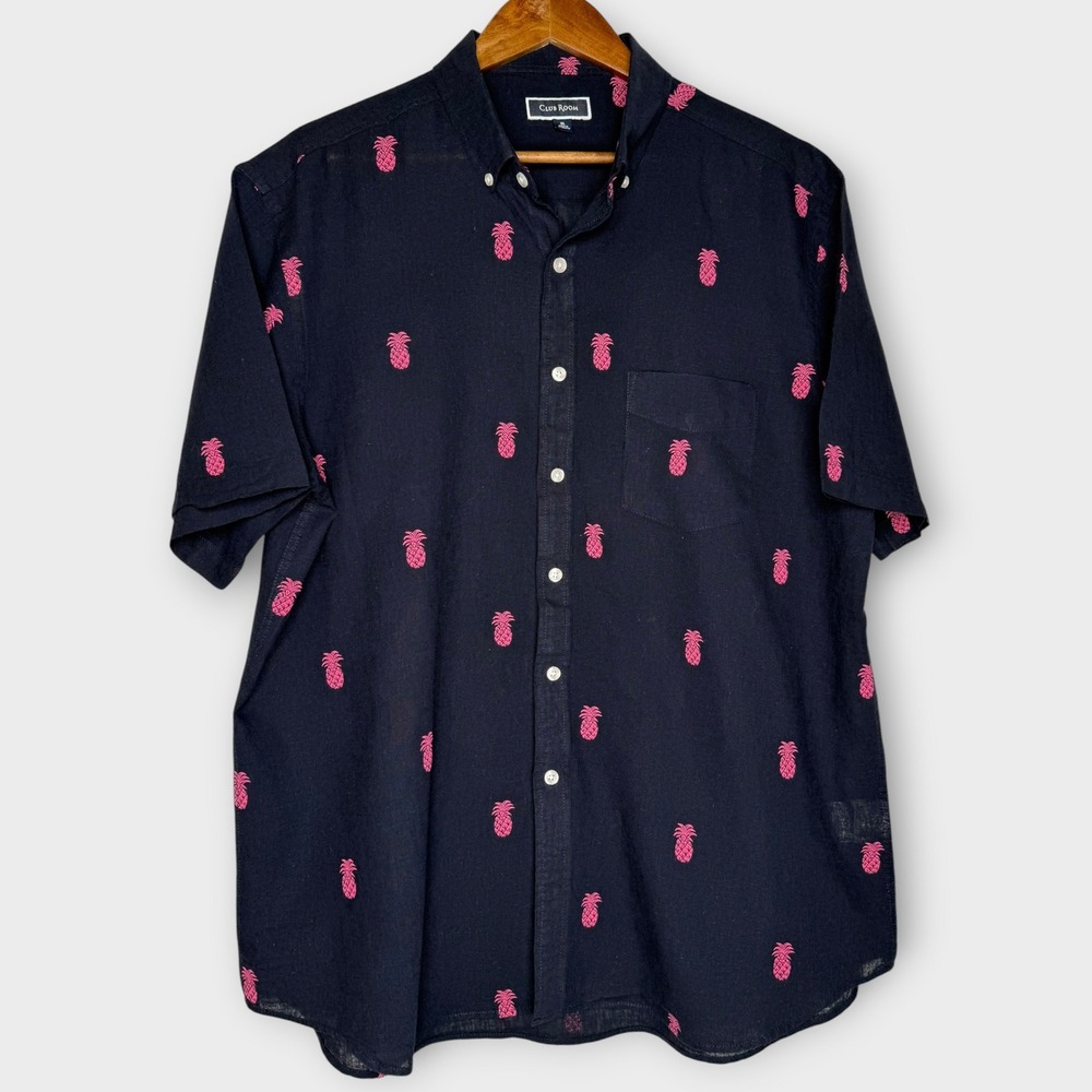 Linen Cotton Blend Pineapple Tropical Vacation Short Sleeve Button Down Shirt XL